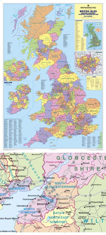 Giant British Isles Counties, Districts & Unitary Authorities Map 