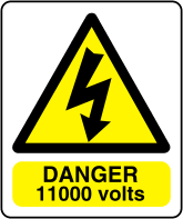 Danger 11000 volts sign Electrical arc symbol with text 11000 volts