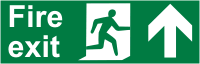 Fire exit ahead sign Large arrow pointing upwards, central 'running man', FIRE EXIT in text on left