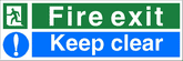 Fire exit keep clear sign Left hand 'running man' with FIRE EXIT in large text, Mandatory Keep Clear underneath