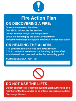 Housing Estate Fire Action Sign Instructions if you discover a fire depicted in pictograms and text