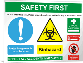 Lab multisign biohazard2 Biohazard pictogram plus mandatory clothing requirements and first aid / fire equipment location