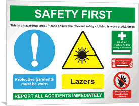 Lab multisign lazers Lazer pictogram plus mandatory clothing requirements and first aid / fire equipment location