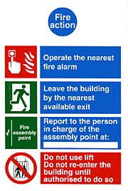 Simplified Fire Action sign Instructions if you discover a fire depicted in pictograms and text