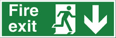 fire exit arrow down HSE sign Large arrow pointing down, central 'running man', FIRE EXIT in text on left