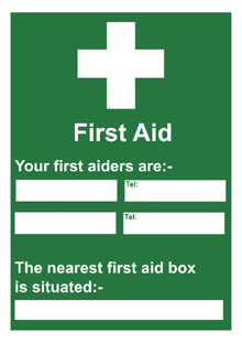 first aider location poster First aid cross with location and telephone number for 2 people